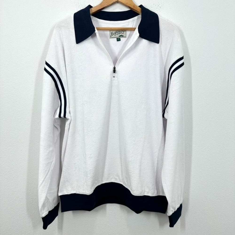 Bogey Boys White Navy Terry Cloth Cotton Quarter Zip Longsleeve Sweater Preppy